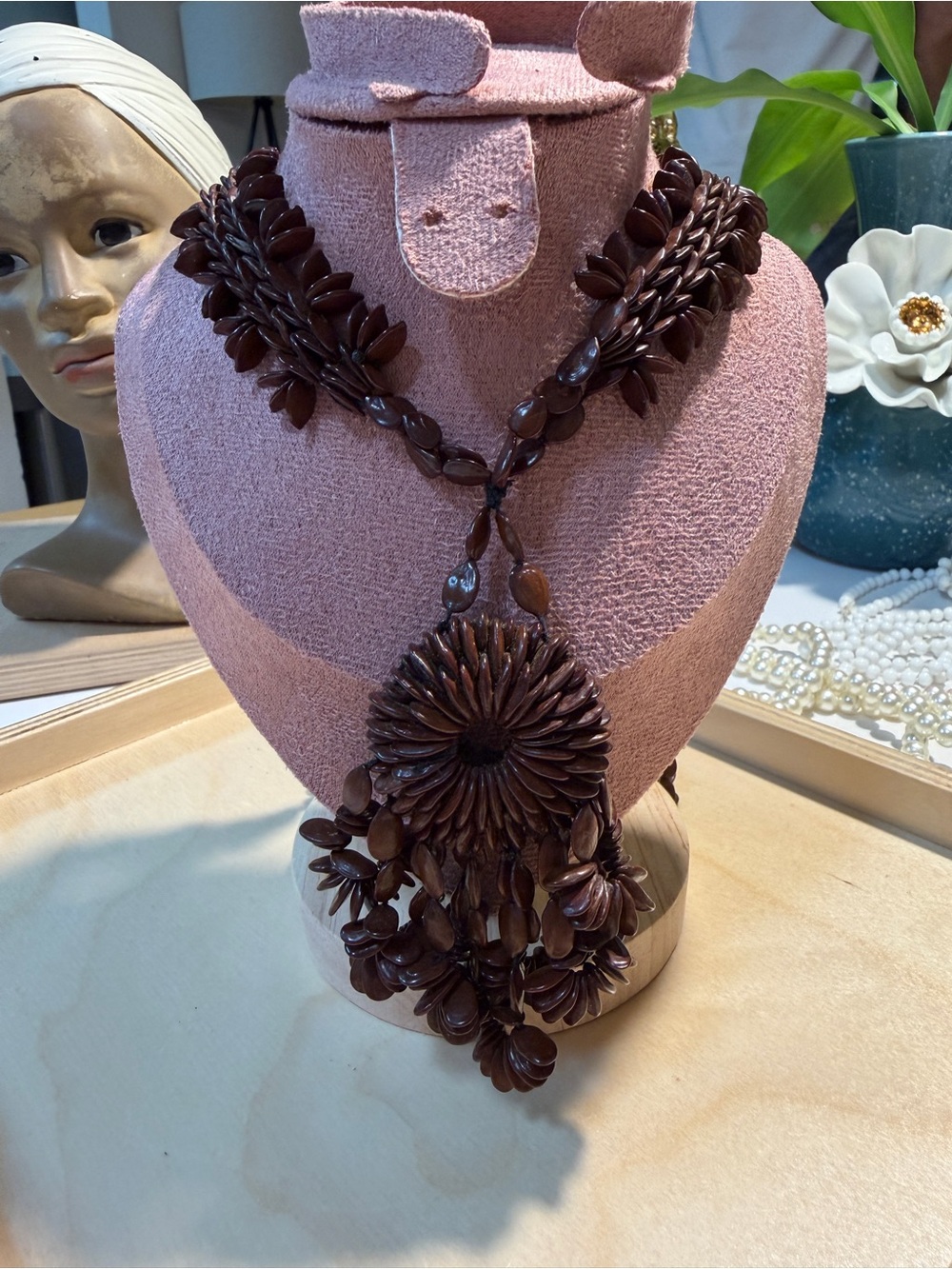 Vintage Brown Seed Necklace Tribal Boho Statement Pendant Tropical Jewelry